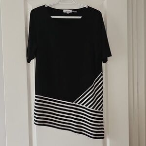 Calvin Klein Black Tunic Top with Asymmetrical White Diagonal Stripe Hem